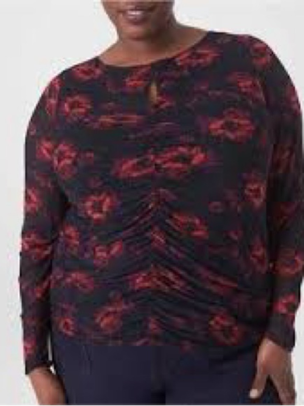 Lane Bryant Ruched Lined Mesh Blouse Stretchy Red Black Floral Plus Size 26 28